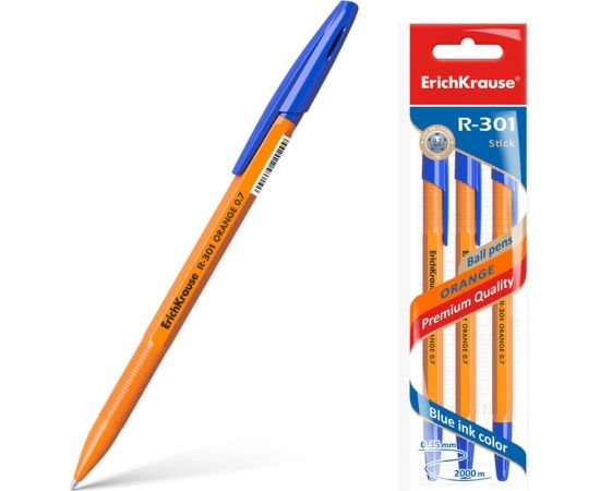 Шариковая ручка ErichKrause R-301 Orange Stick 0.7, синий в пакете по 3 шт 42743 