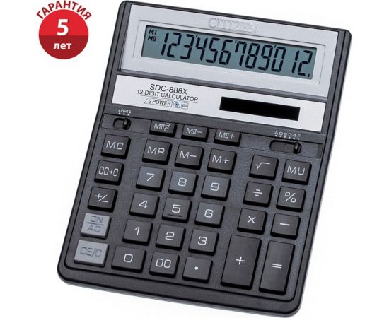 Настольный калькулятор Citizen 12 разрядов, двойное питание, 158х203х31 мм, черный SDC-888XBK 