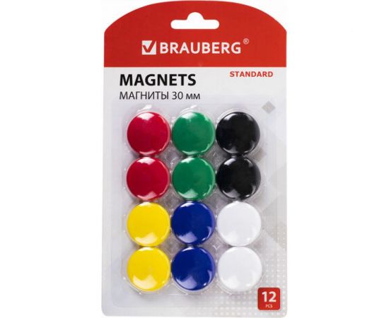 Магниты BRAUBERG STANDARD 30 мм, набор 12 шт, ассорти 237472 