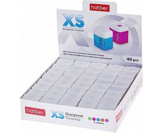 Точилка Hatber XS Пластиковая Цветная с контейнером Ассорти 5 цв. 40шт в картонной коробке, 1шт. 047491 – изображение 2