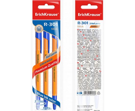 Шариковая ручка ErichKrause R-301 Orange Stick 0.7, синий в пакете по 3 шт 42743 – изображение 3