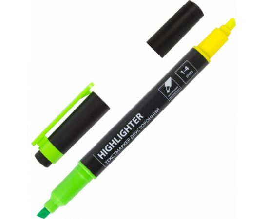 Текстовыделитель 12 шт в упаковке BRAUBERG двусторонний ЖЕЛТЫЙ/ЗЕЛЕНЫЙ линия 1-4 мм 150841 