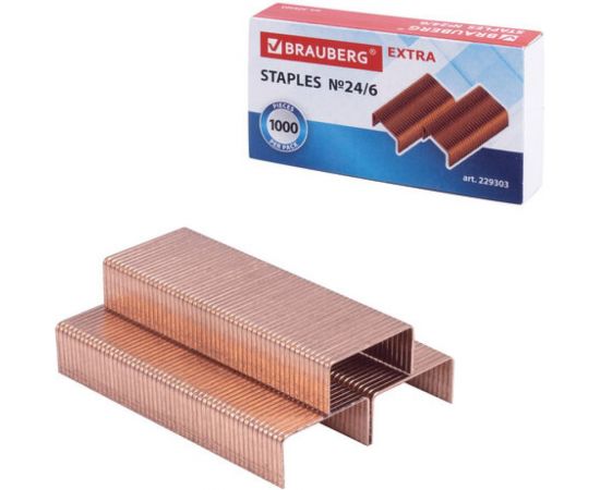 Скобы для степлера 20 шт в упаковке BRAUBERG медное покрытие №24/6 1000 штук EXTRA до 30 листов 229303 – изображение 2