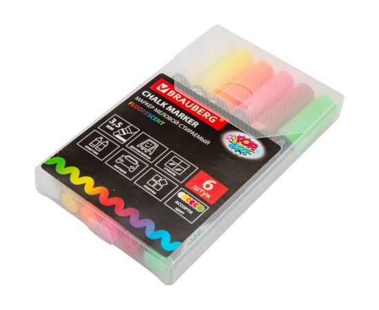 Сухостираемые меловые маркеры BRAUBERG POP-ART набор 6 шт, для гладких поверхностей, 3,5 мм, ассорти, 151526 – изображение 3