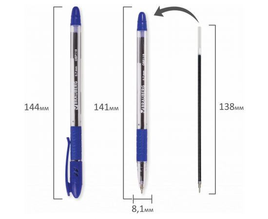 Ручка 12 шт в упаковке BRAUBERG шариковая масляная с грипом Glassy СИНЯЯ корпус прозрач.07ммлиния 035мм 142698 – изображение 7