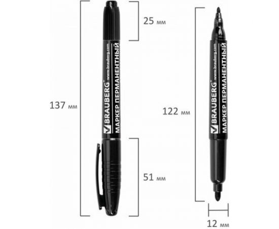 Маркер 12 шт в упаковке BRAUBERG перманентный нестираемый двусторонний ЧЕРНЫЙ круглый наконечник 2-4мм 150836 – изображение 8