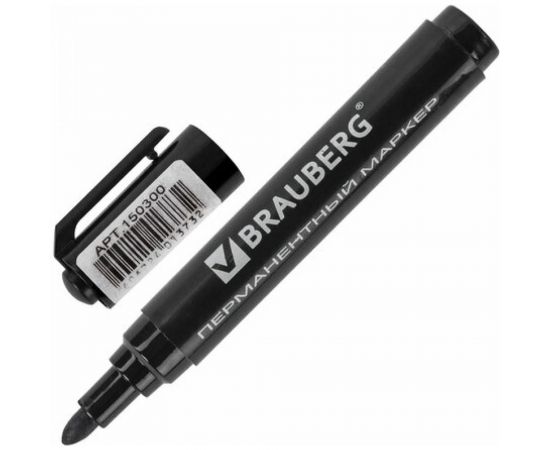 Маркер 10 шт в упаковке BRAUBERG перманентный нестираемый "Classic" ЧЕРНЫЙ круглый наконечн. 3мм с клипом 150300 
