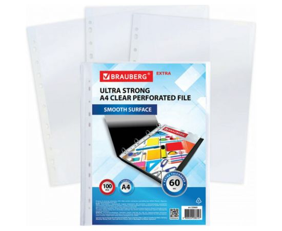Плотные перфорированные глянцевые папки-файлы BRAUBERG EXTRA 600 А4 комплект 100 шт, 60 мкм 229665 