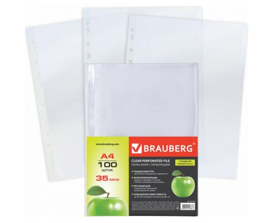 Перфорированные папки-файлы BRAUBERG Яблоко А4, комплект 100 шт, гладкие, 35 мкм 221710 