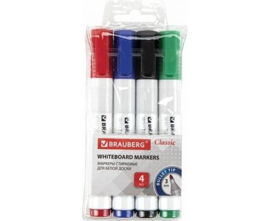 Стираемые маркеры для белой доски BRAUBERG CLASSIC набор 4 цвета, 3 мм, с клипом 152117 