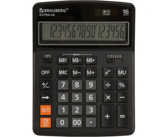 Настольный калькулятор BRAUBERG EXTRA-16-BK 206x155 мм, 16 разрядов, двойное питание, черный 250475 