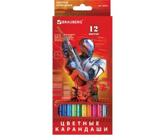 Цветные карандаши BRAUBERG Star Patrol, 12 цветов, заточенные, картонная упаковка 180532 