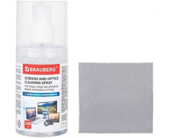 Чистящий набор для экранов всех типов и оптики BRAUBERG комплект салфетка и спрей, 200 мл 513560 