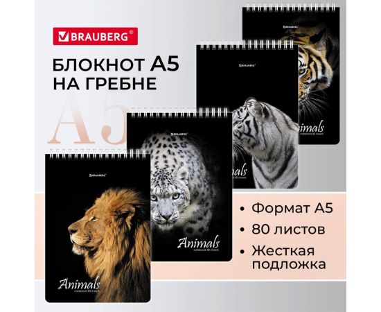 Блокнот BRAUBERG А5, 146x206 мм, 80 л., гребень, картон, жесткая подложка, клетка, Хищники 114385 – изображение 2