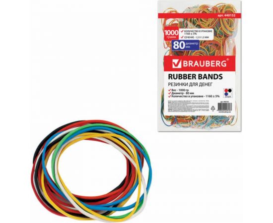Банковские резинки BRAUBERG цветные, натуральный каучук, 1000 г, диаметр 80 мм 440152 – изображение 2