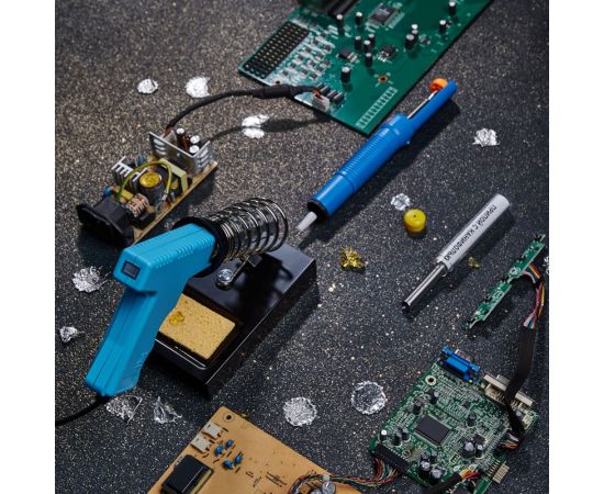 Набор для пайки: паяльник импульсный 30/70Вт, оловоотсос, подставка, припой REXANT ZD-303-A 12-0164 – изображение 2