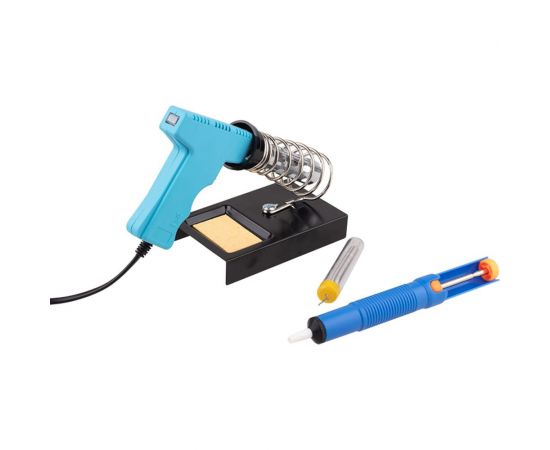 Набор для пайки: паяльник импульсный 30/70Вт, оловоотсос, подставка, припой REXANT ZD-303-A 12-0164 – изображение 4