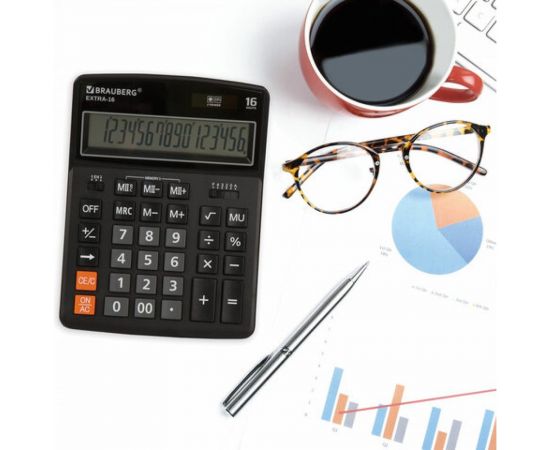 Настольный калькулятор BRAUBERG EXTRA-16-BK 206x155 мм, 16 разрядов, двойное питание, черный 250475 – изображение 8
