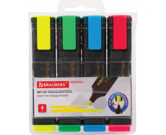 Текстовыделители BRAUBERG ORIGINAL набор 4 шт, ассорти, линия 1-5 мм 151689 