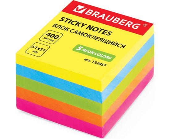 Самоклеящийся блок BRAUBERG стикеры, 51х51 мм, 400 листов, неоновый, 5 цветов 122857 