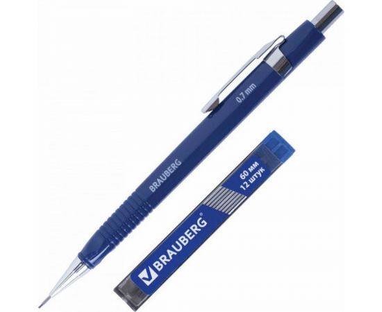 Трёхгранный механический карандаш BRAUBERG синий корпус + грифели HB, 0,7 мм, набор 12 шт 180494 