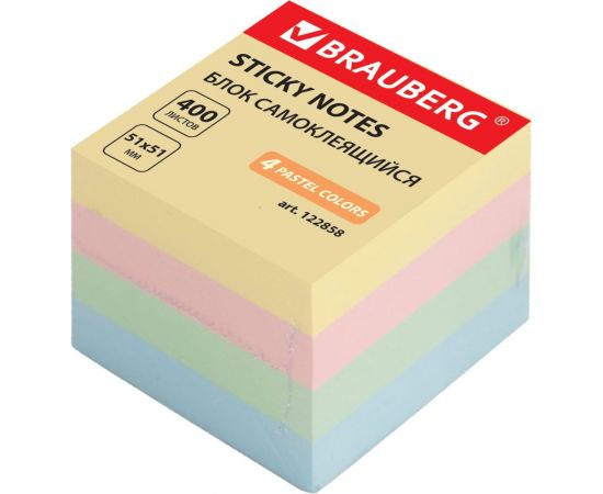 Блок самоклеящийся (стикер) BRAUBERG ПАСТЕЛЬНЫЙ, 51х51 мм, 400л, 4 цвета 122858 – изображение 2