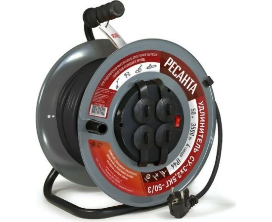 Силовой удлинитель Ресанта на металлической катушке, СУ-3x2,5КГ-50/3 (с выкл., 4 розетки, IP44) 61/118/10 