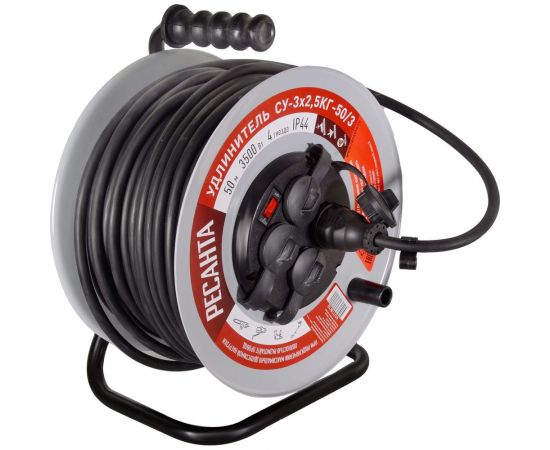 Силовой удлинитель Ресанта на металлической катушке, СУ-3x2,5КГ-50/3 (с выкл., 4 розетки, IP44) 61/118/10 – изображение 3